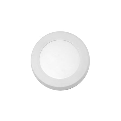 Round white LED light fixture on a white background