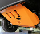 An orange underbody protection plate for a Sprinter van, designed to protect the vehicle's undercarriage components.